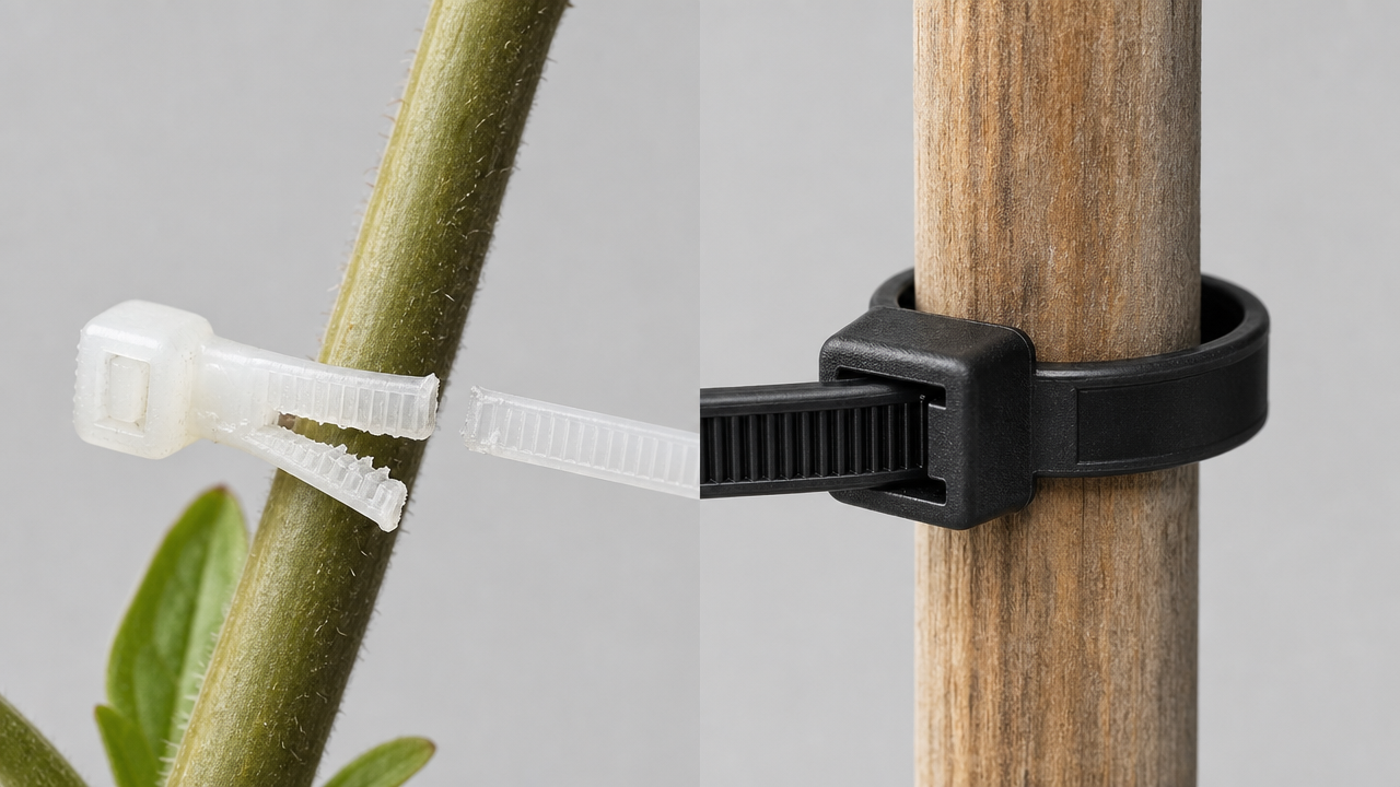 Comparison of a cracked snapped zip tie next to a UV-resistant zip tie securing a garden stake