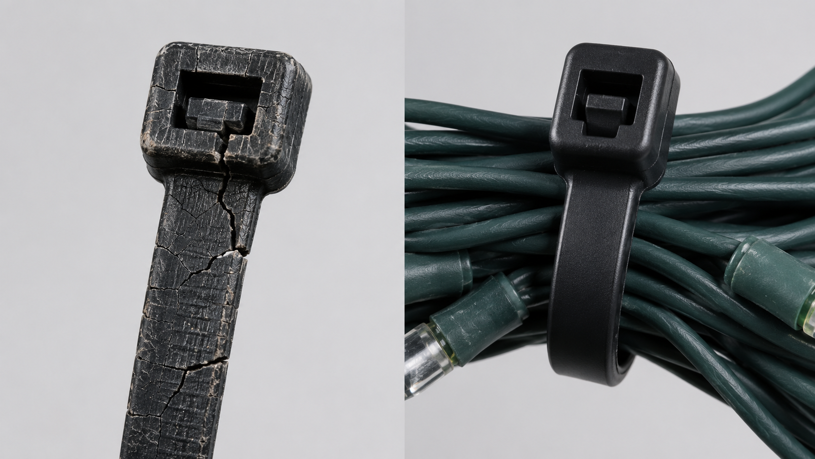 Comparison of a cracked sun-damaged zip tie next to a UV-rated zip tie holding string lights