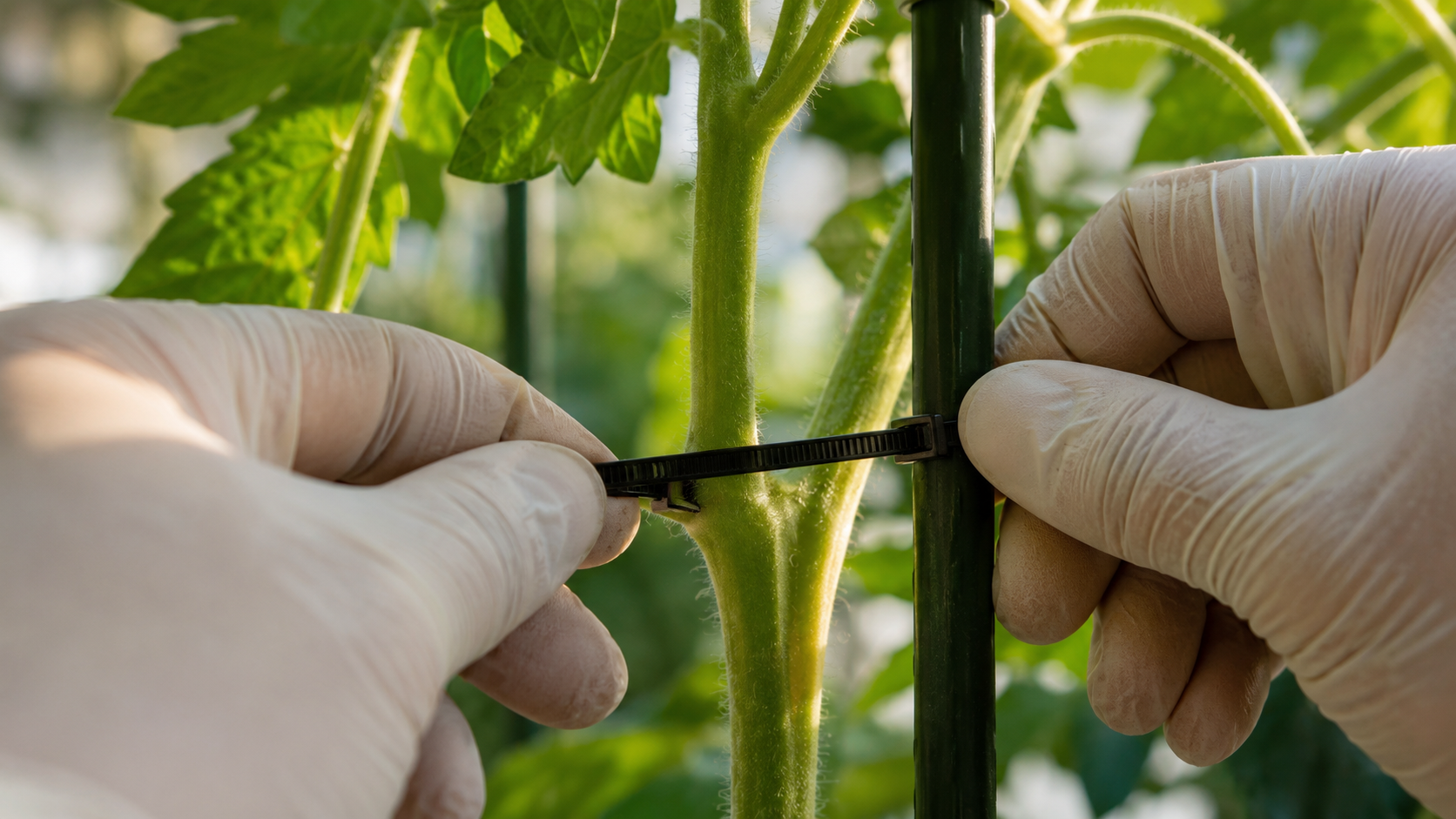Hands tying a black zip tie around a tomato plant stem and garden stake