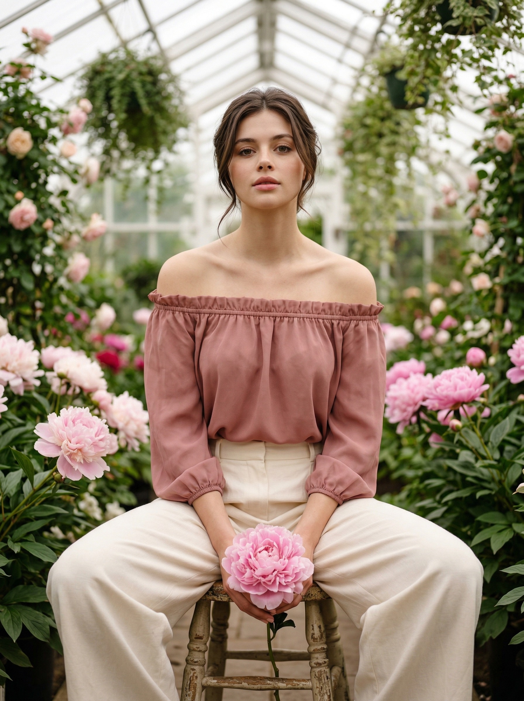 В оранжерее среди пионов и роз