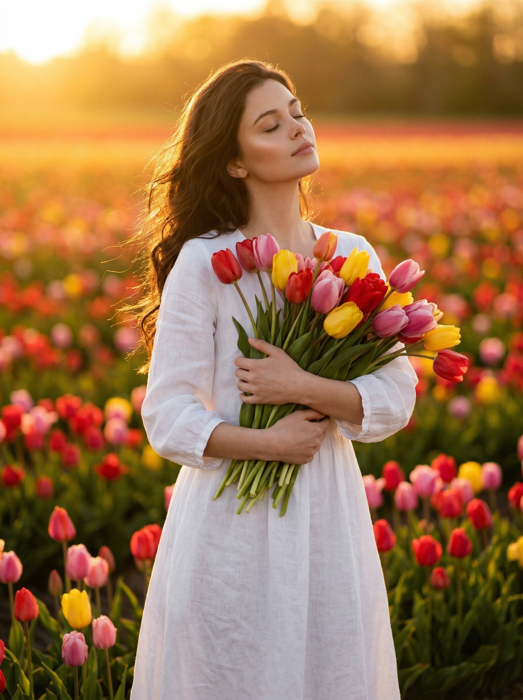 На цветочном поле с тюльпанами