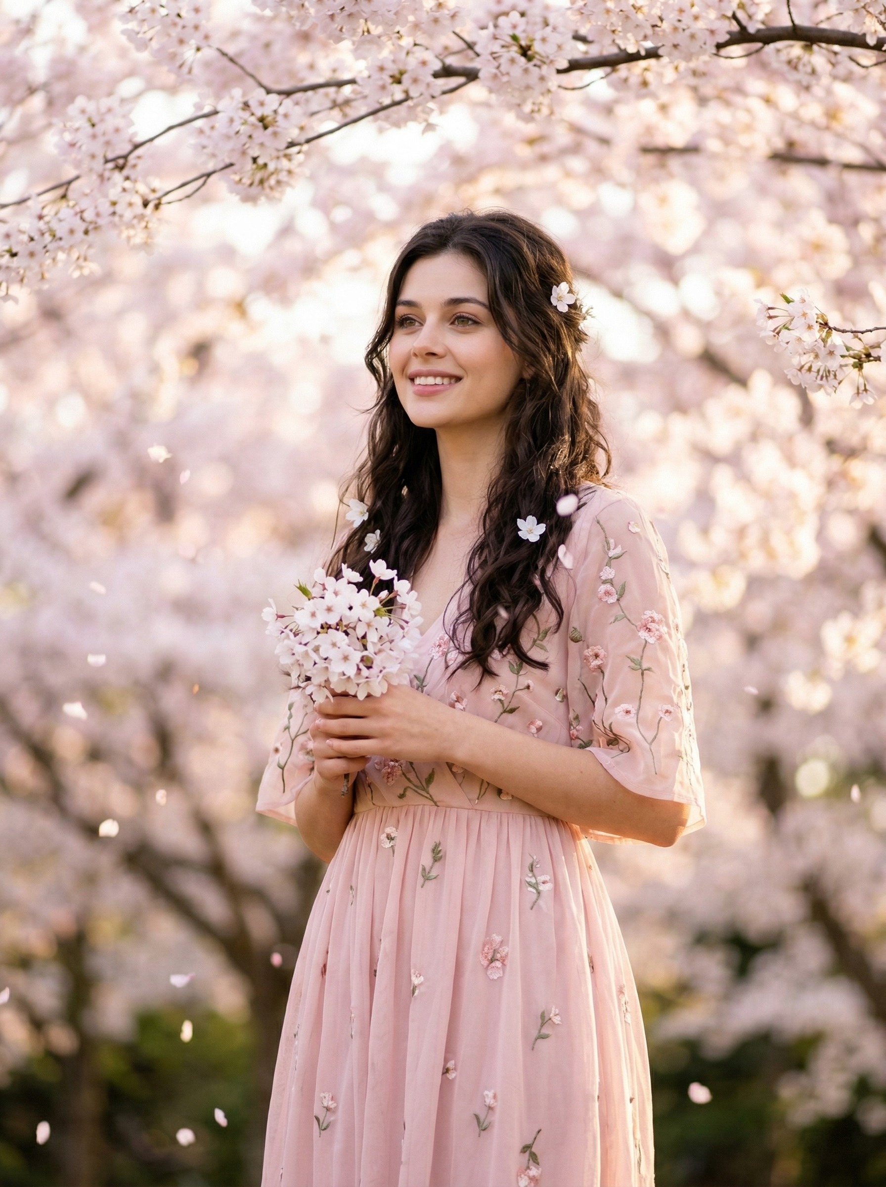 В цветущем саду среди вишнёвых деревьев