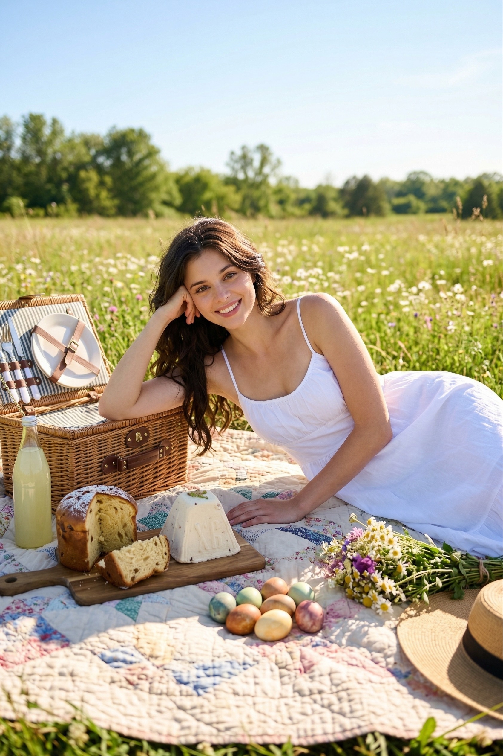 Пикник на Пасху на лугу с полевыми цветами