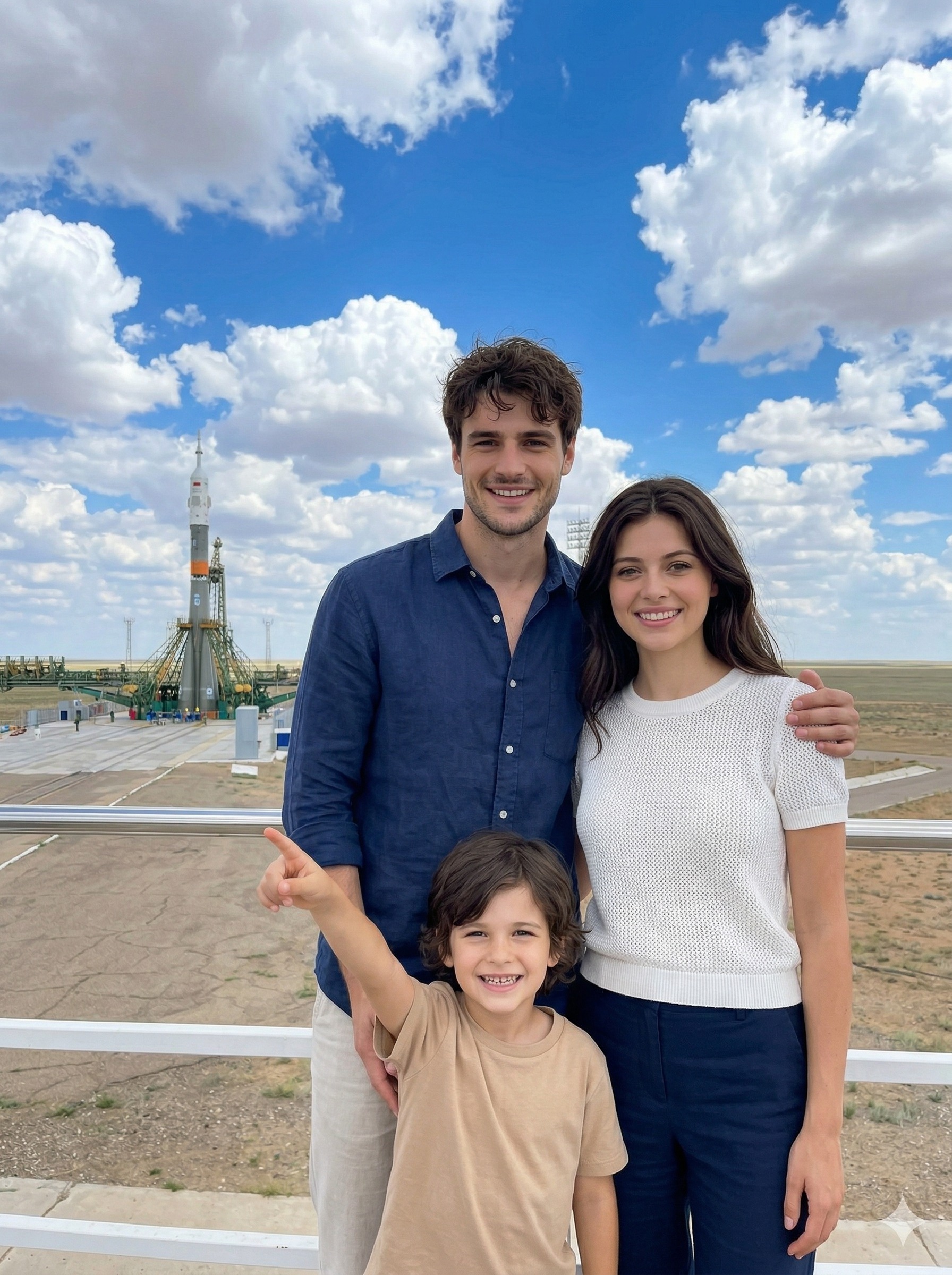 Семья на смотровой площадке — ракета на старте днём
