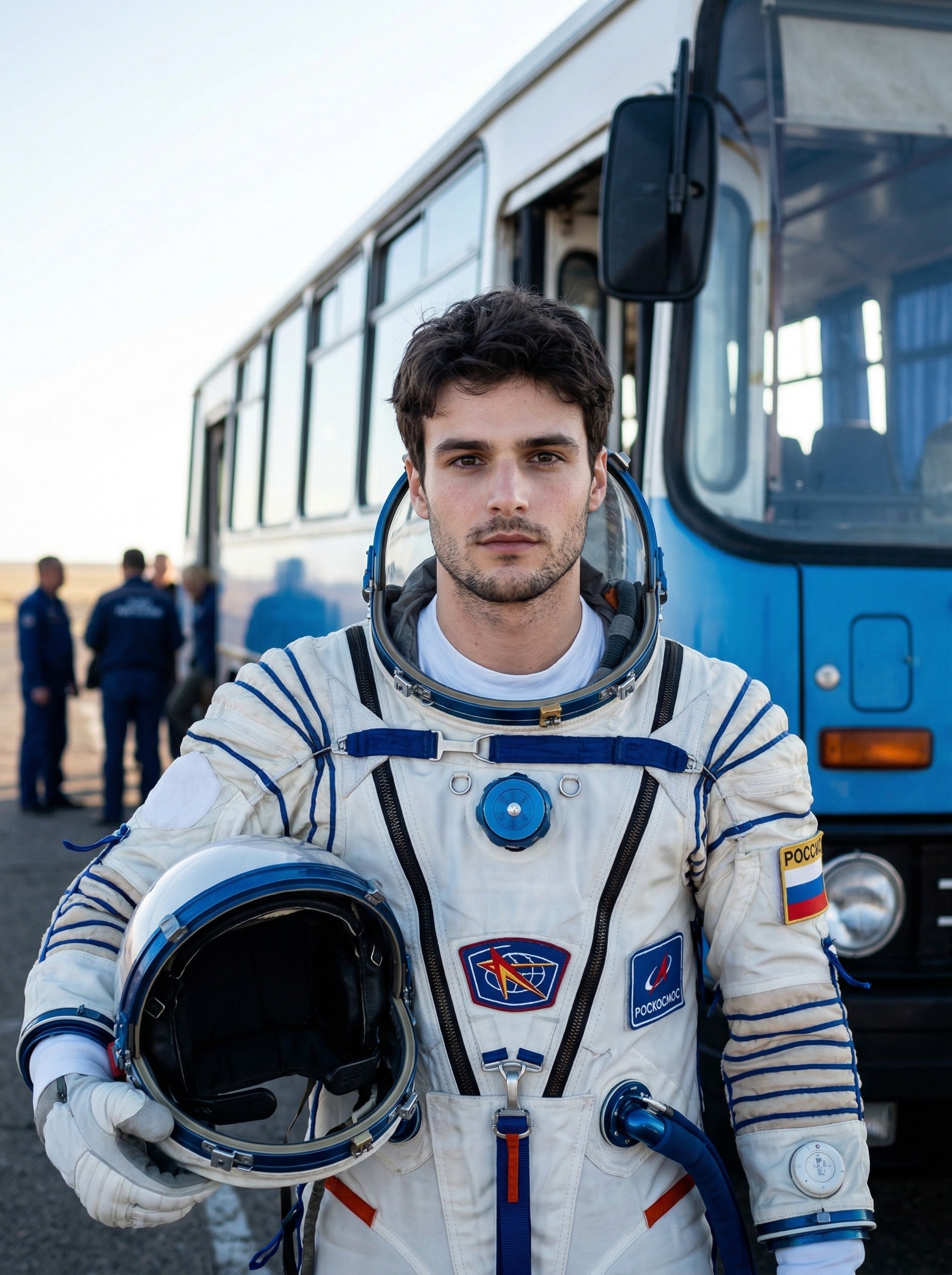 Парень в скафандре у автобуса космонавтов перед стартом