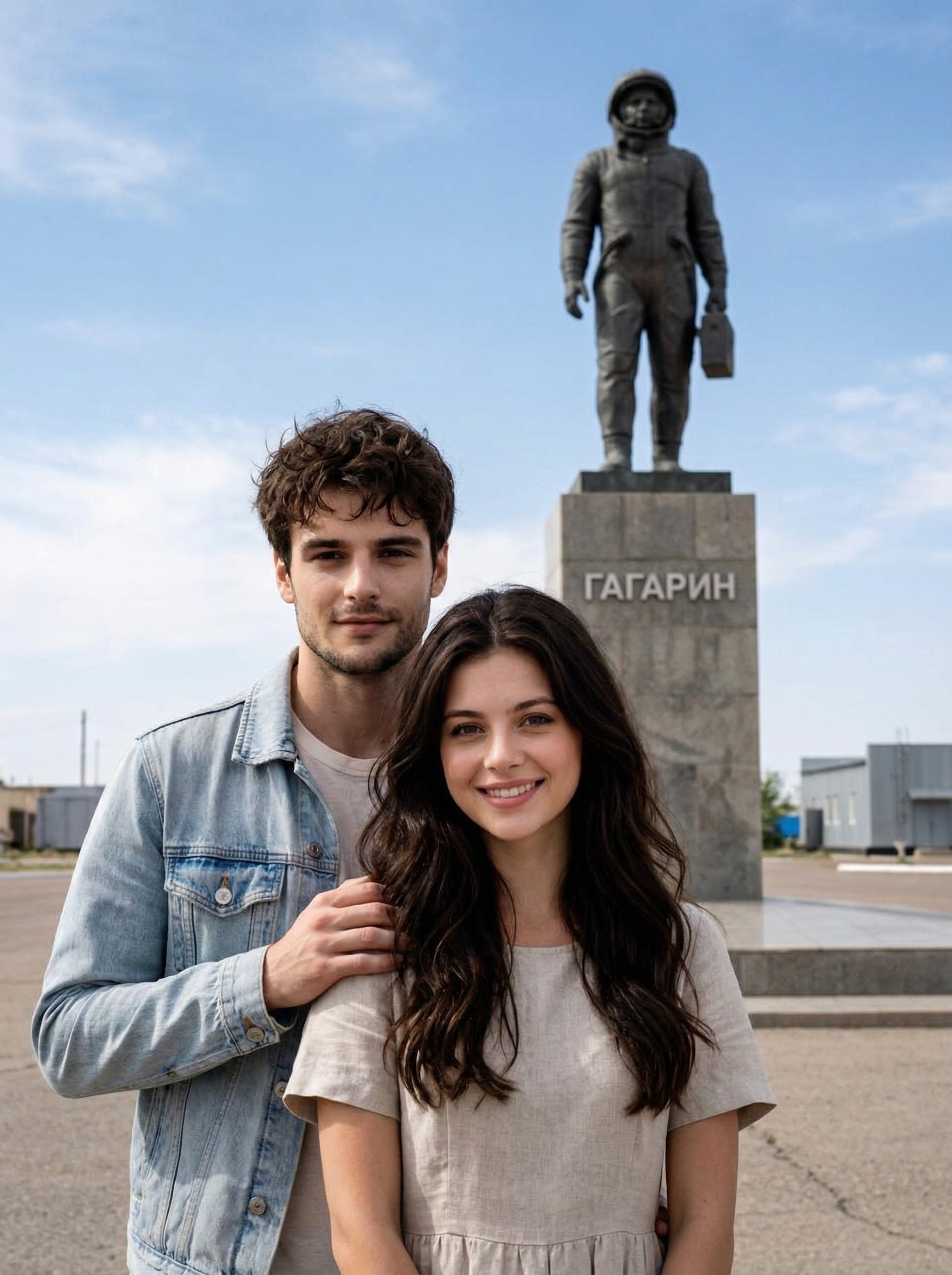 Пара у монумента Гагарину на космодроме