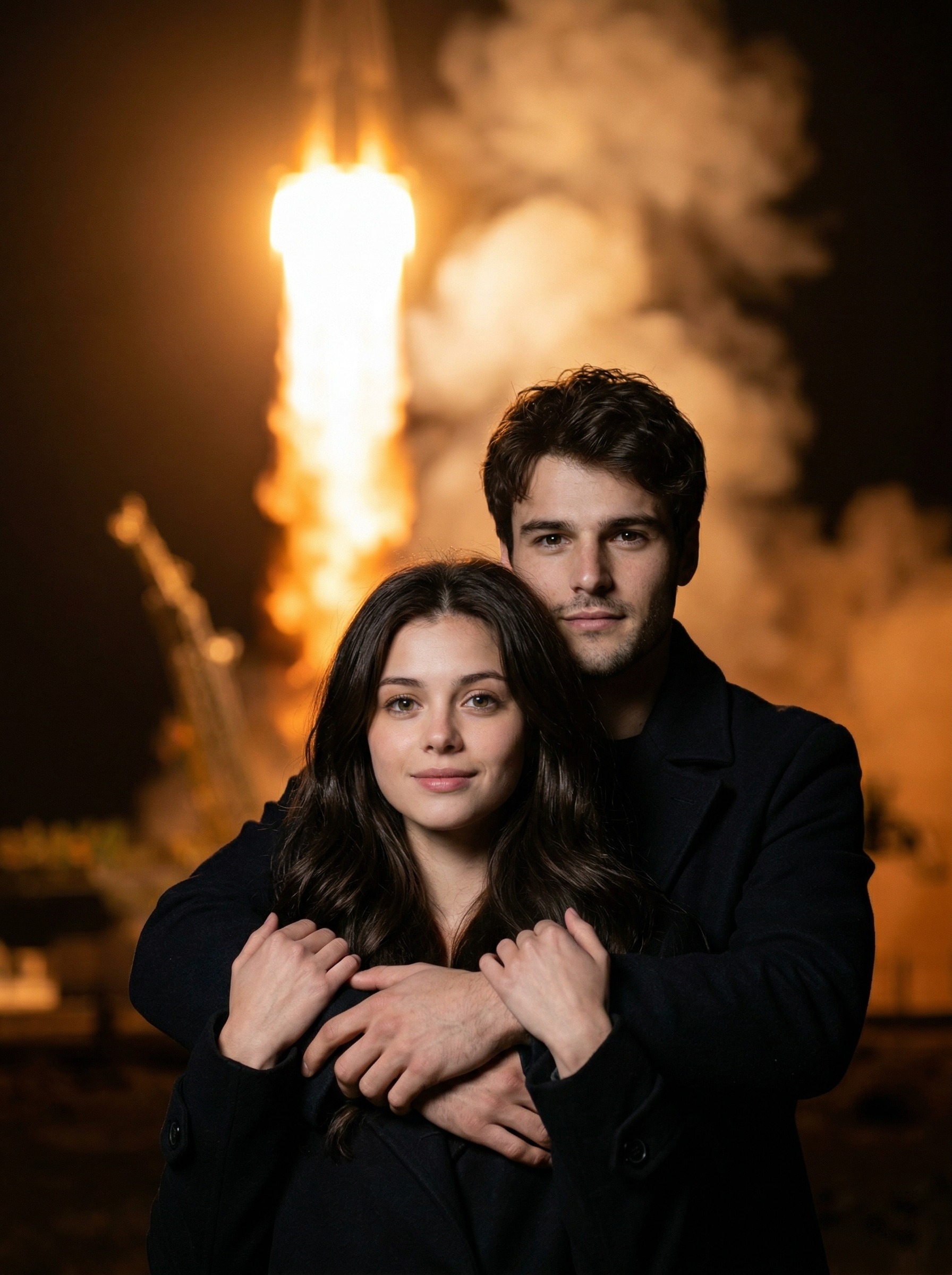 Пара обнимается на фоне ночного запуска ракеты