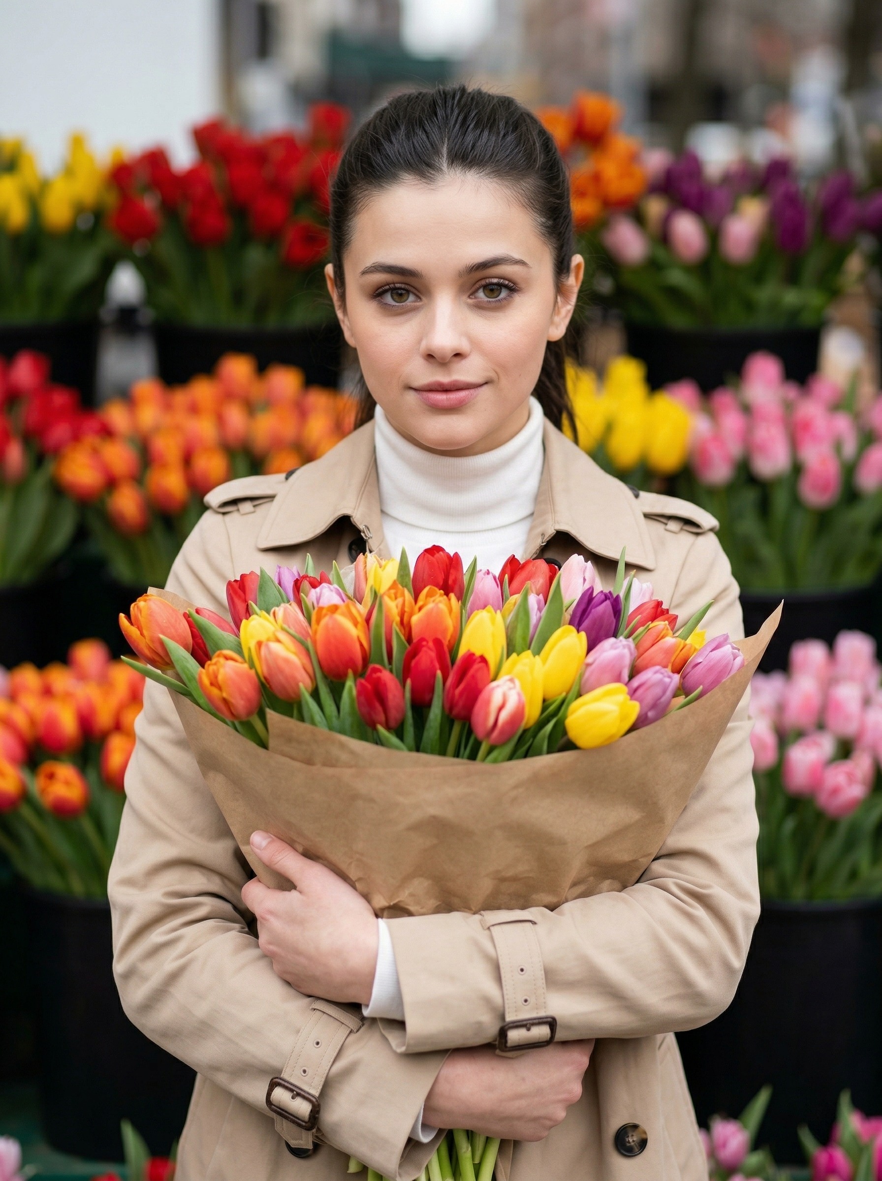 С охапкой разноцветных тюльпанов
