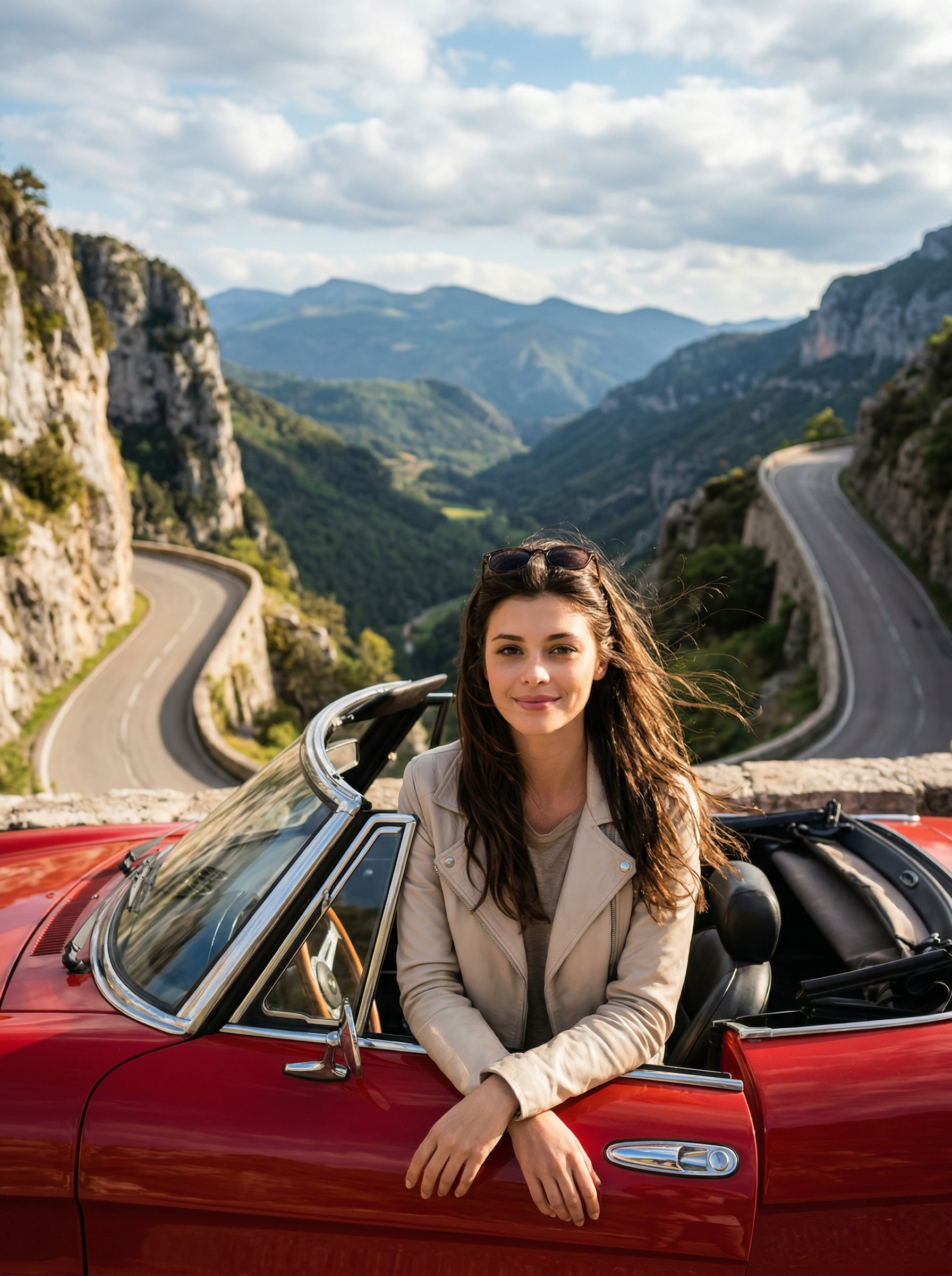 Облокотился на крышу кабриолета — горный серпантин