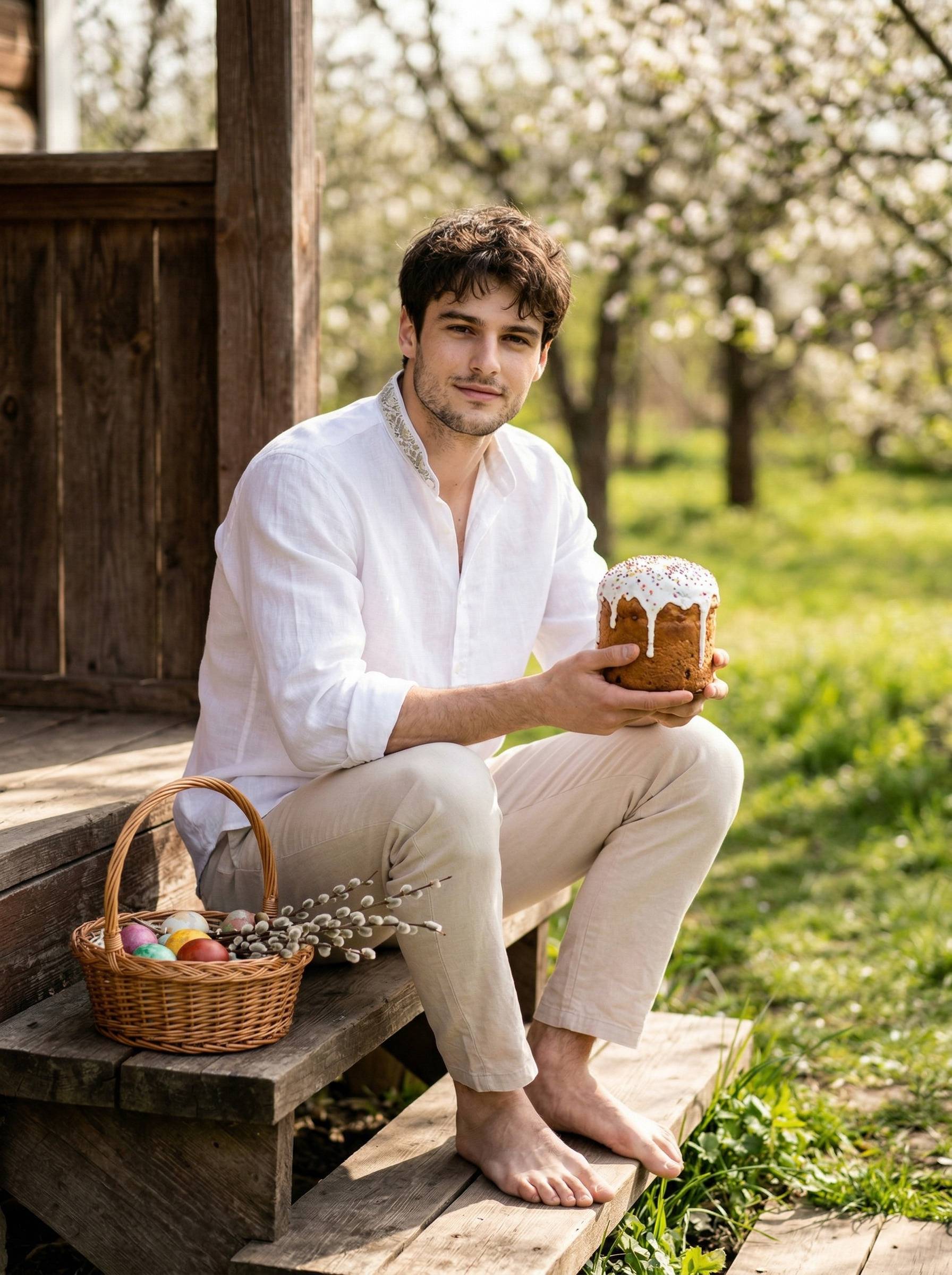 На крыльце деревенского дома с куличом