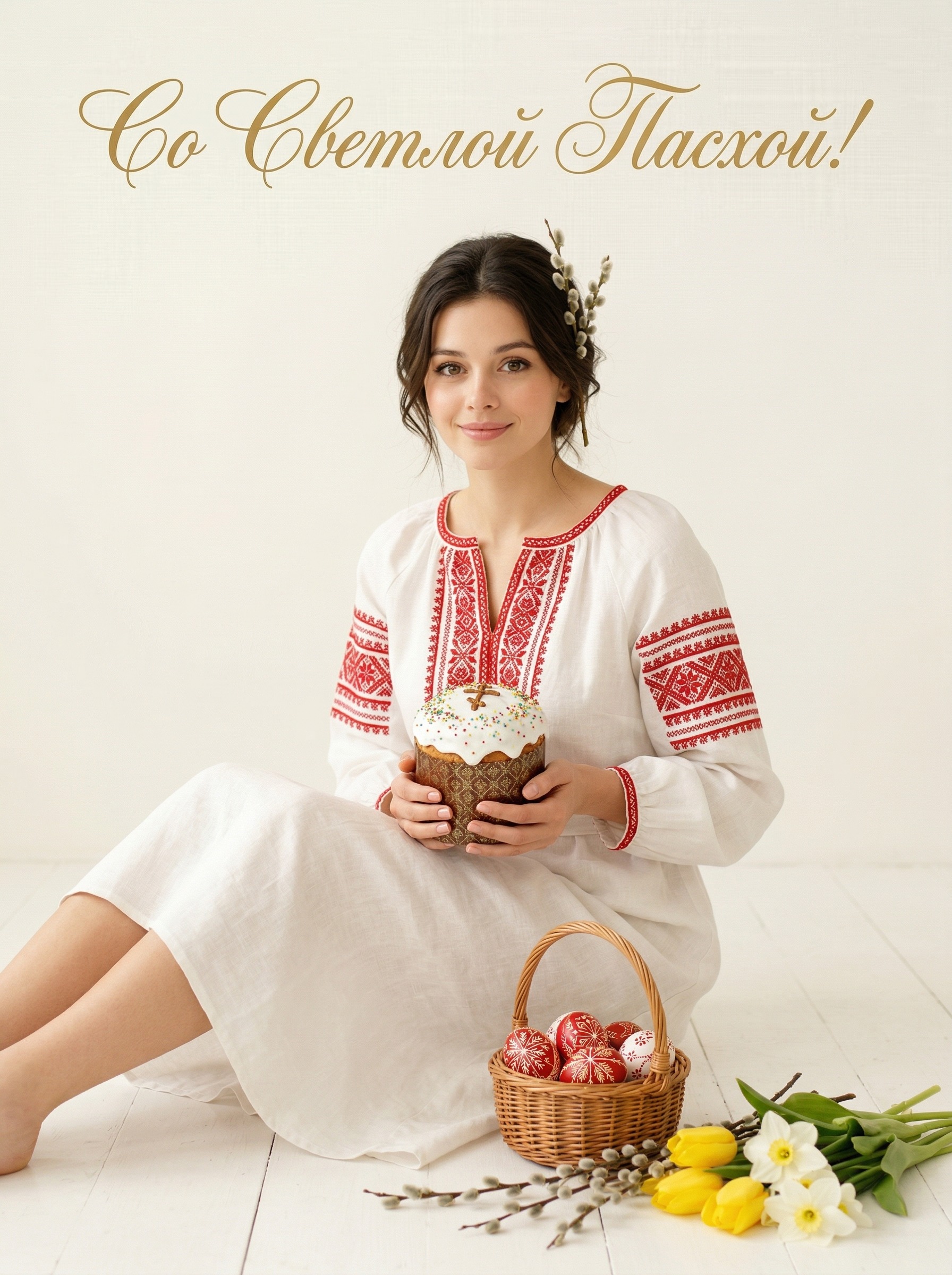 Открытка на Пасху — девушка с куличом и вербой