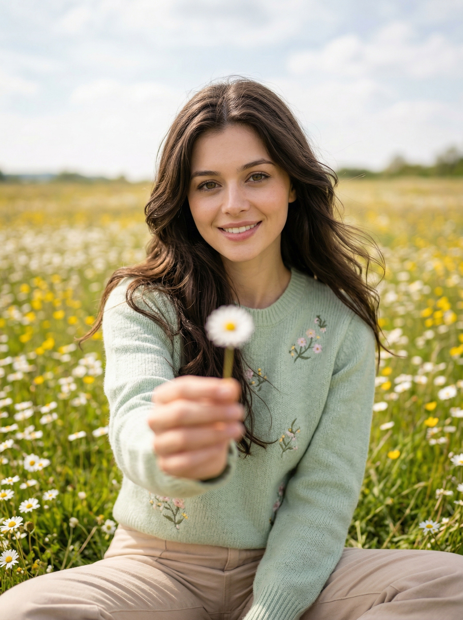 В цветочном лугу с ромашкой