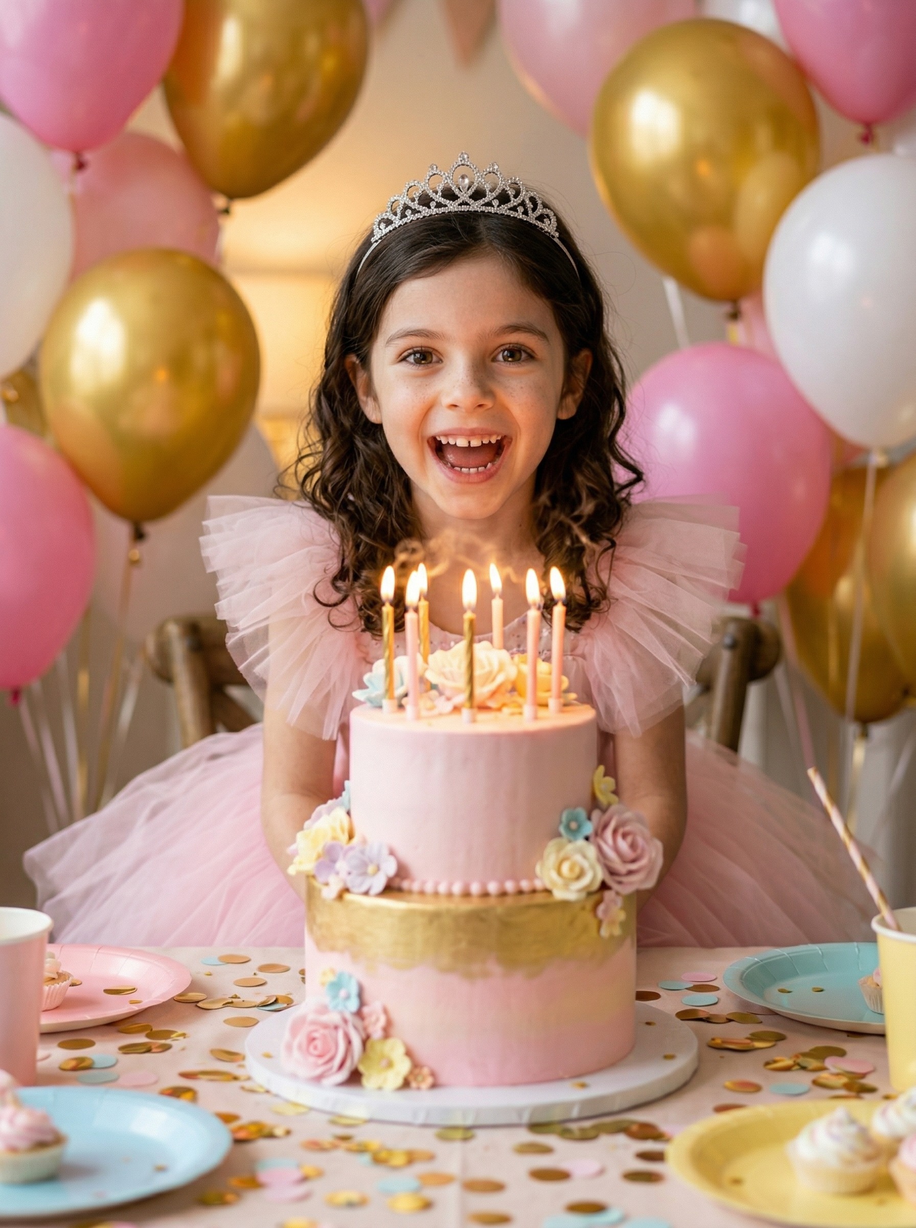 День рождения — за столом с тортом и шарами