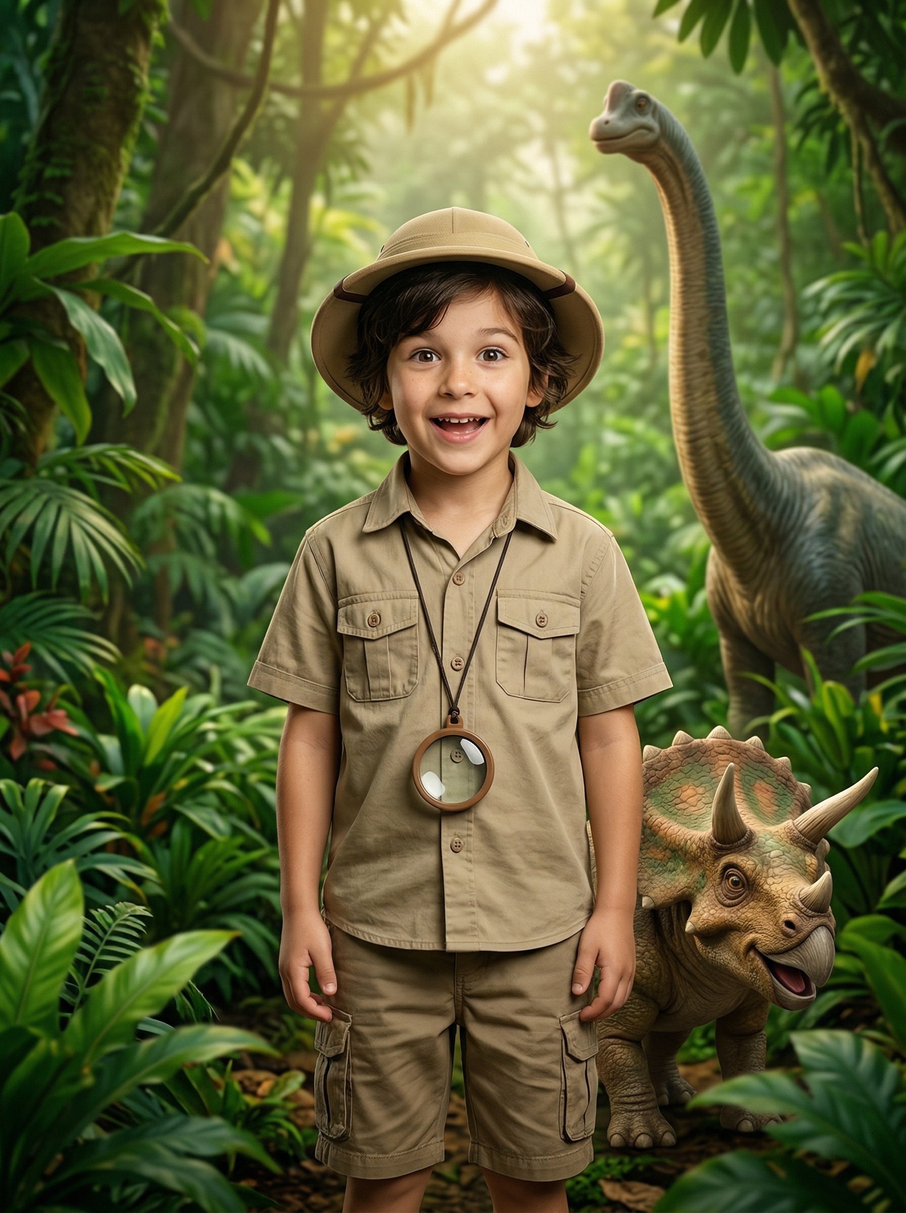 Динозавры — маленький исследователь в джунглях среди динозавров