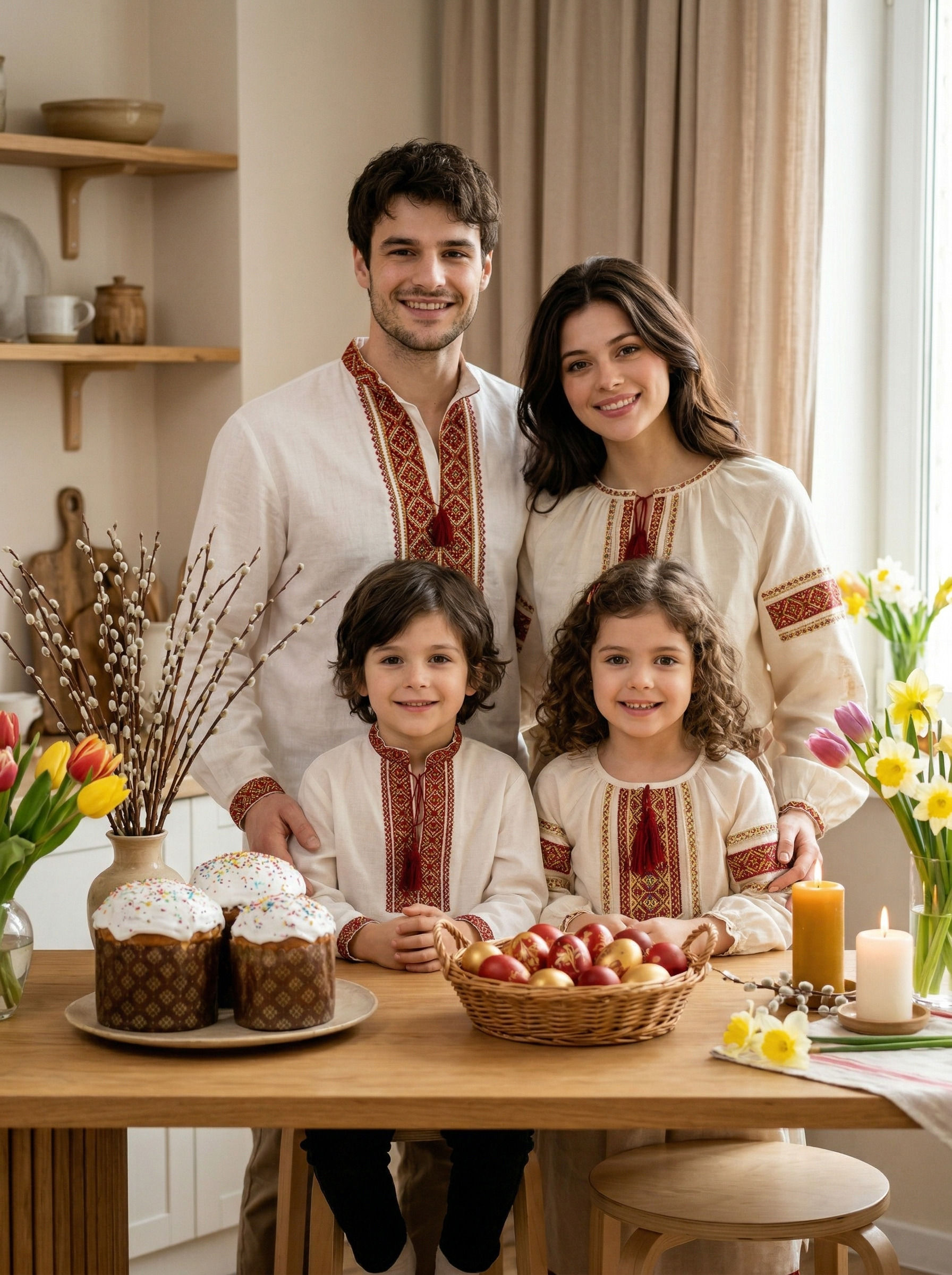 Вся семья у праздничного стола с куличами