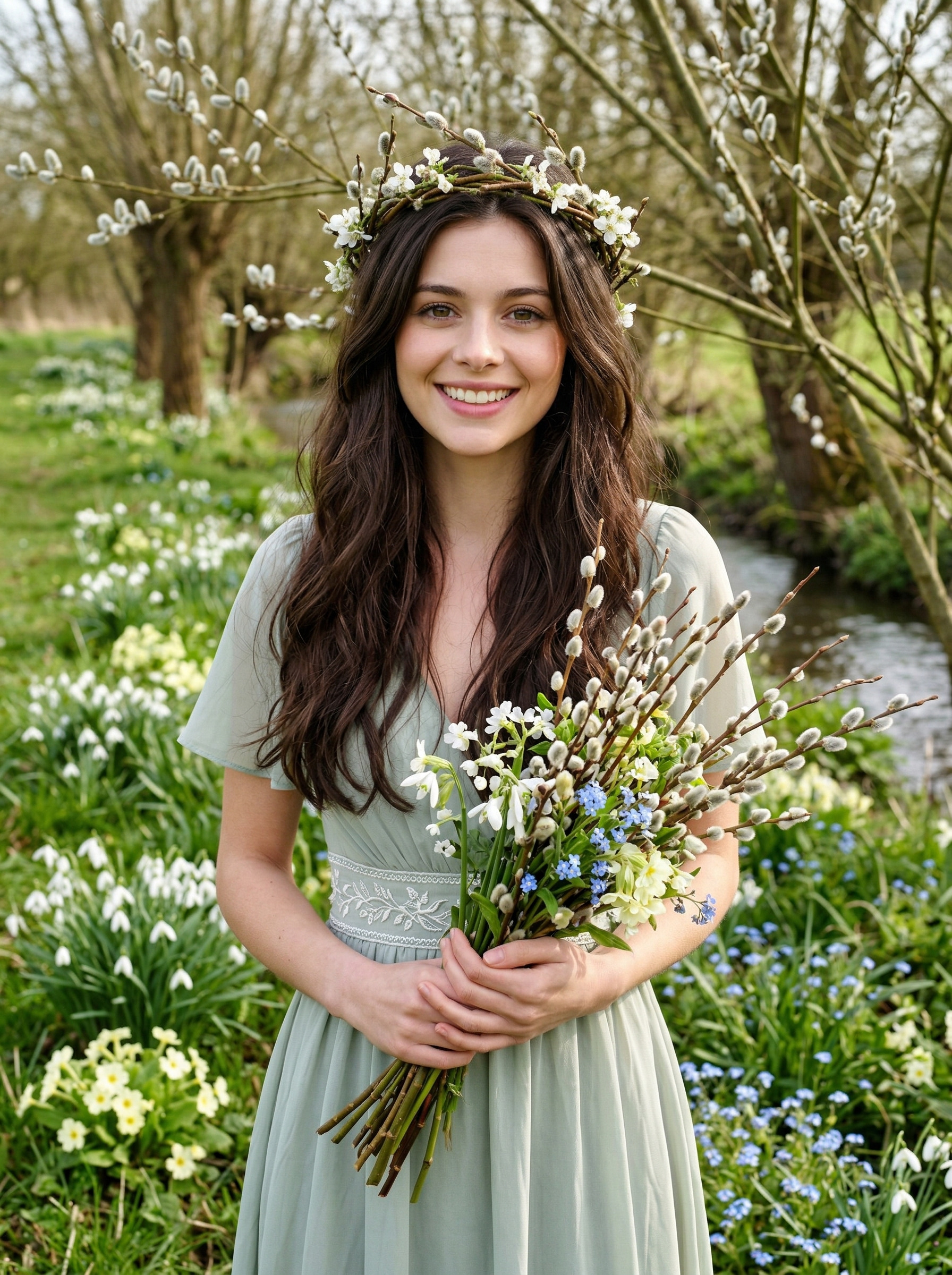 На цветущем лугу — верба и первые весенние цветы