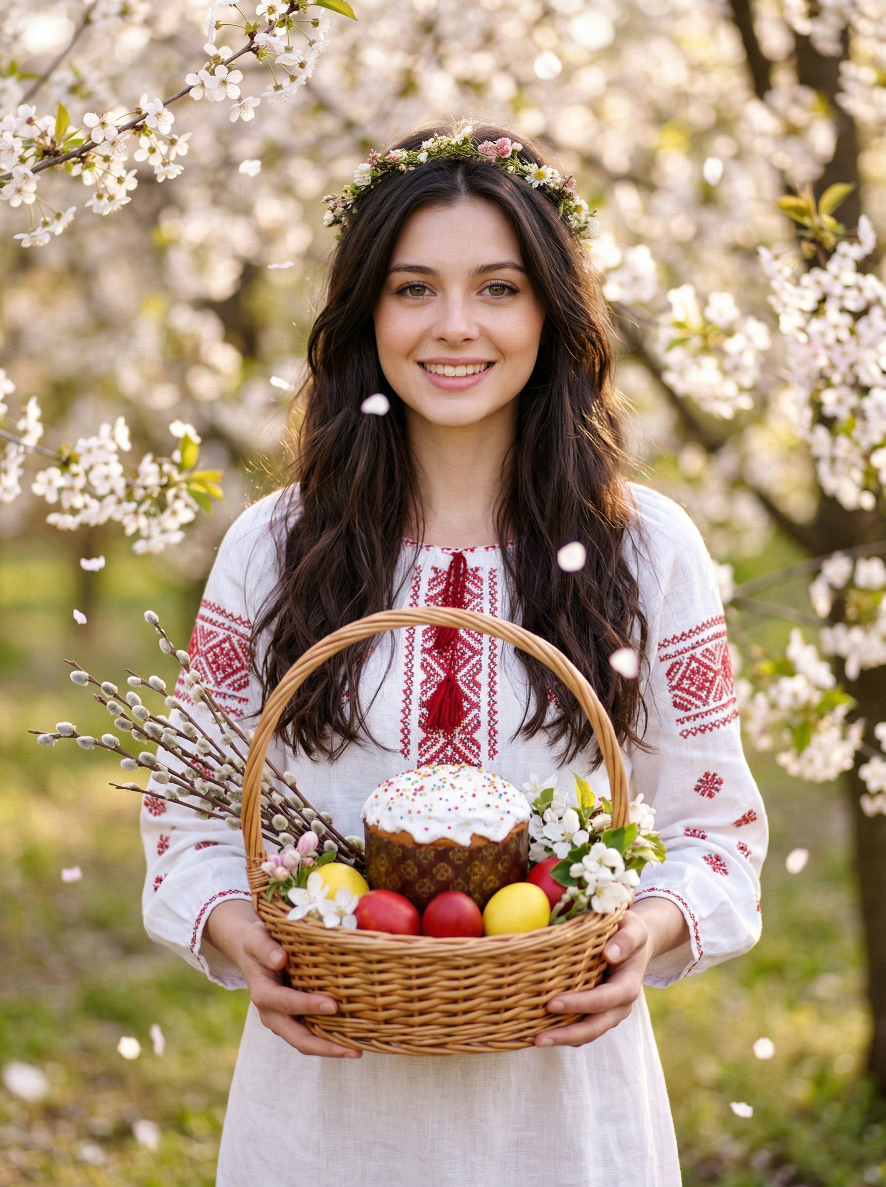 В цветущем саду с пасхальной корзиной