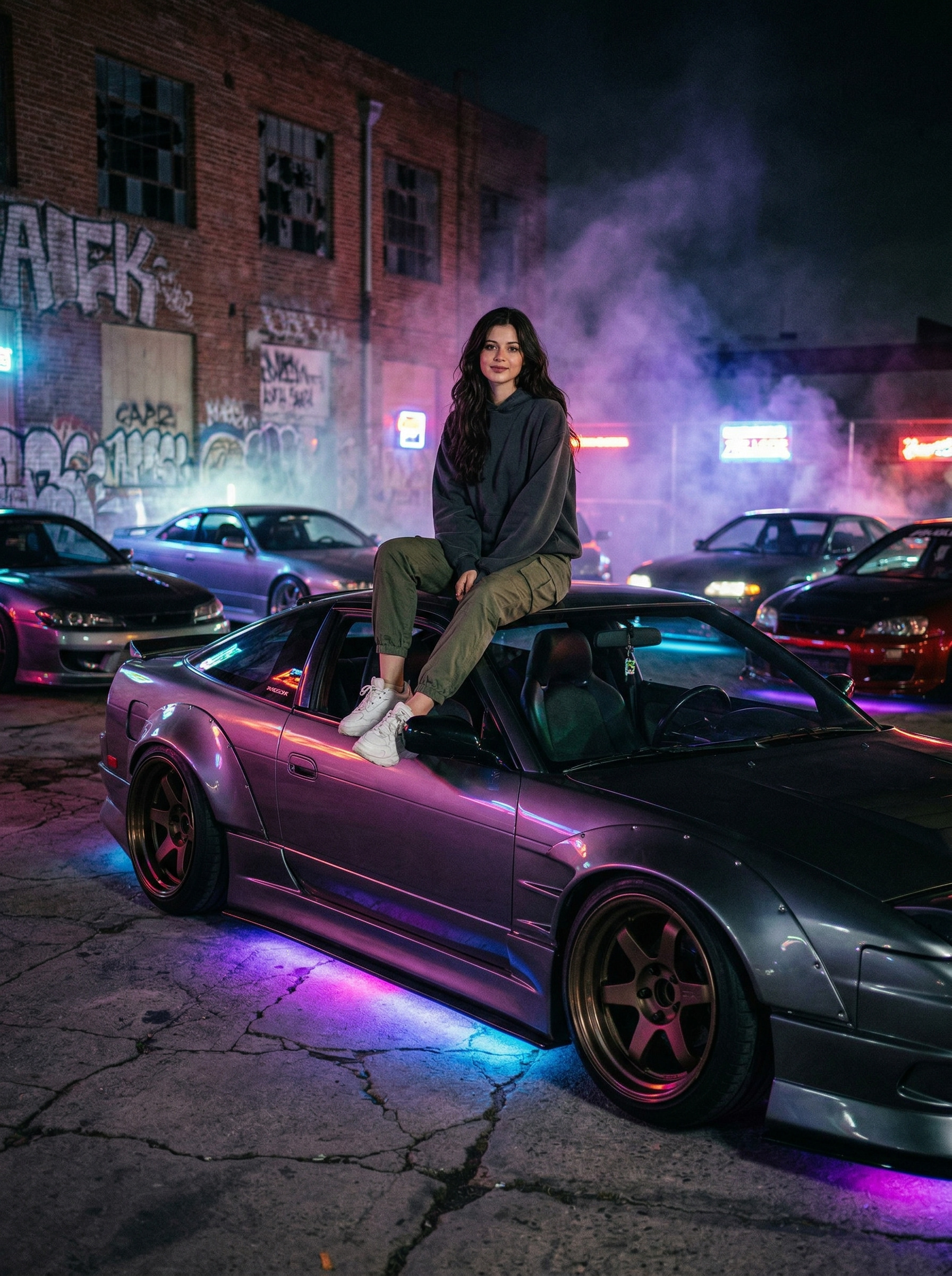 Сидит на крыше машины на фоне заброшенного склада