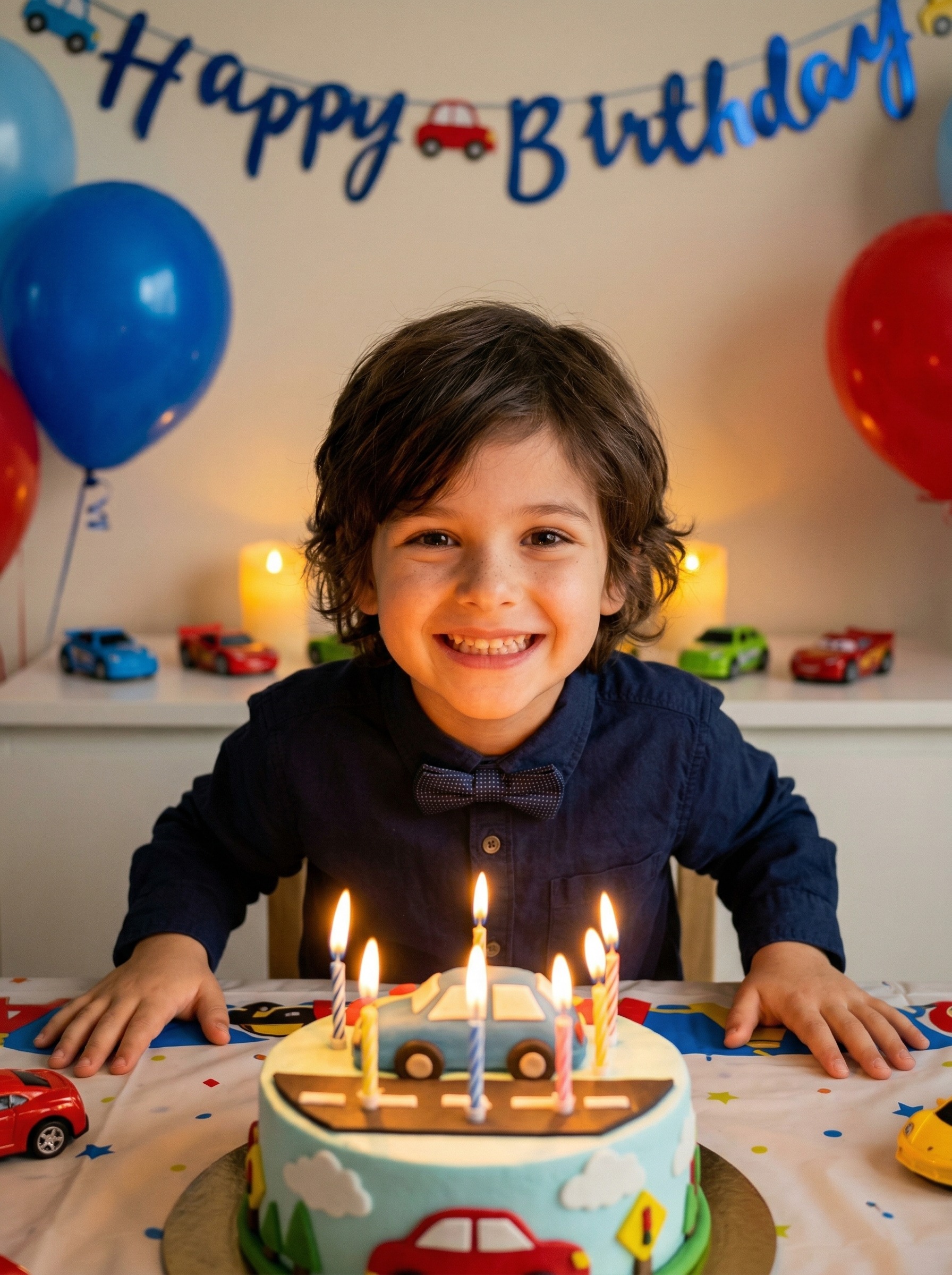 День рождения — за столом с тортом и машинками