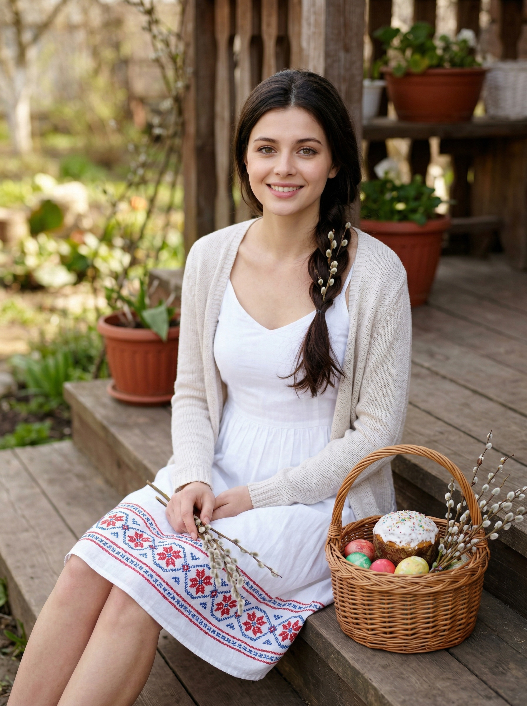 На деревянном крыльце с вербой и пасхальной корзиной