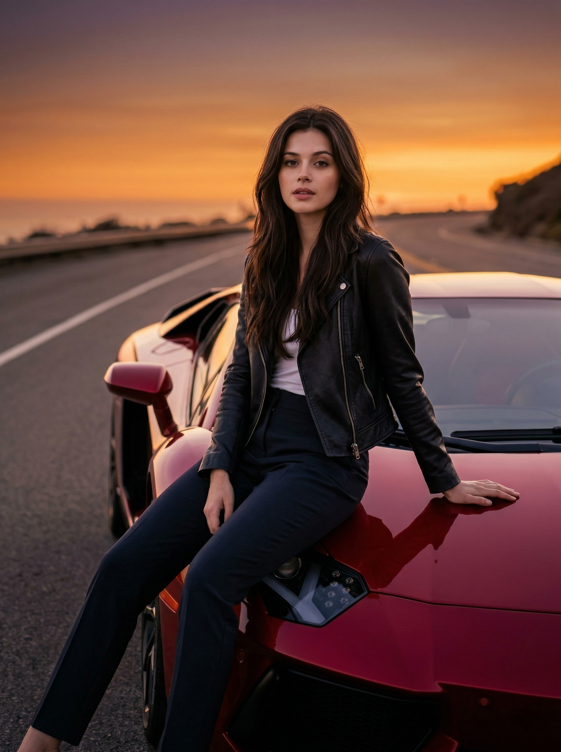 На капоте суперкара на закате