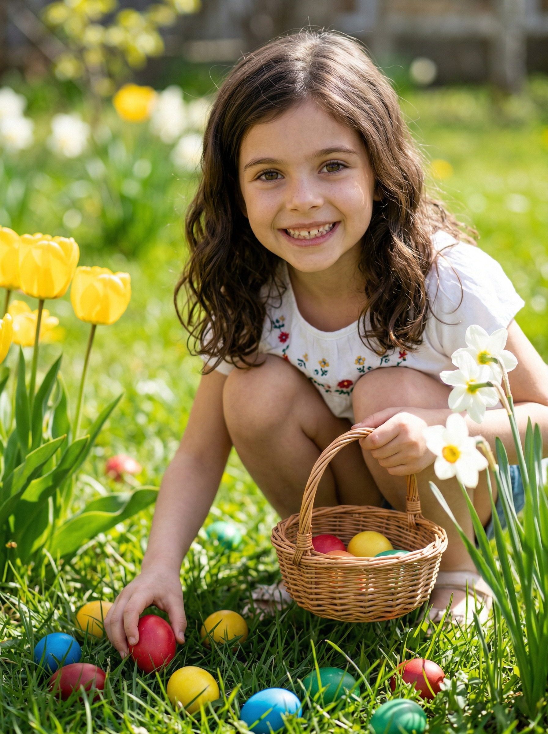 Дети собирают пасхальные яйца в саду