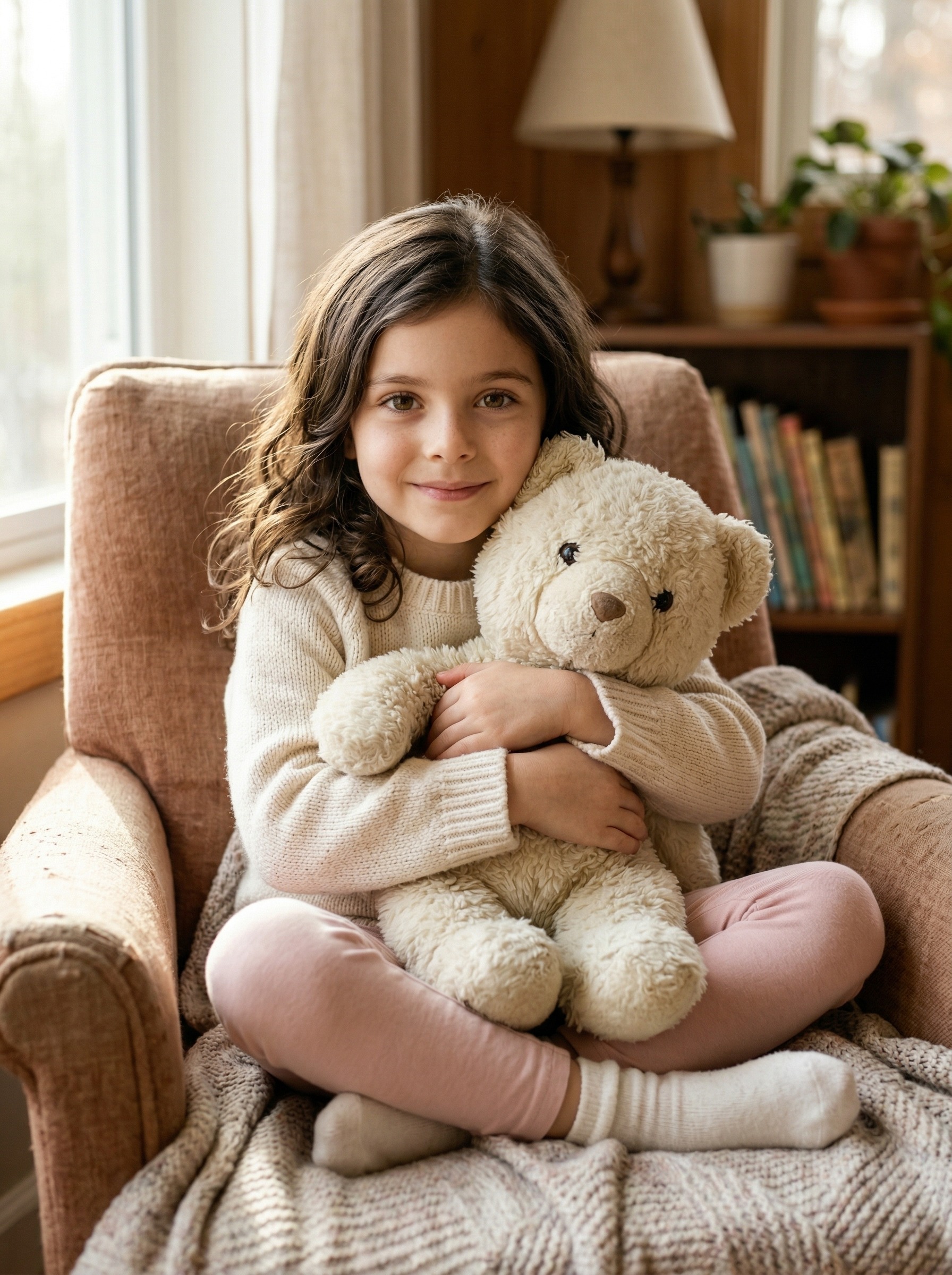 Милый портрет — в уютном кресле с плюшевым мишкой