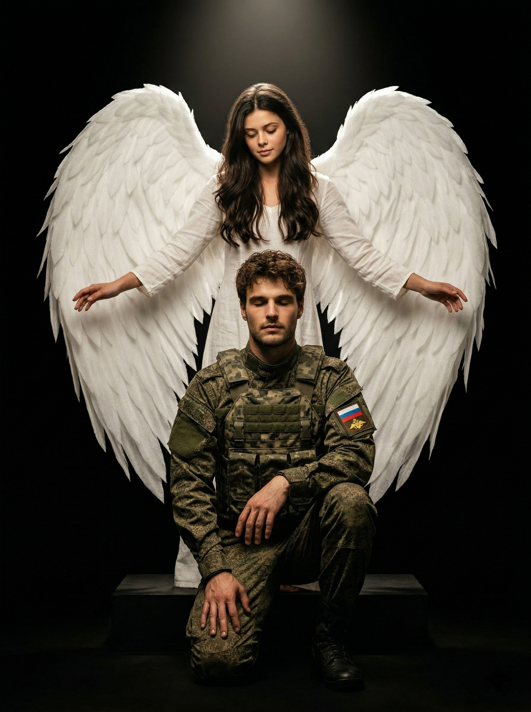 Солдат на коленях — ангел простирает крылья над ним