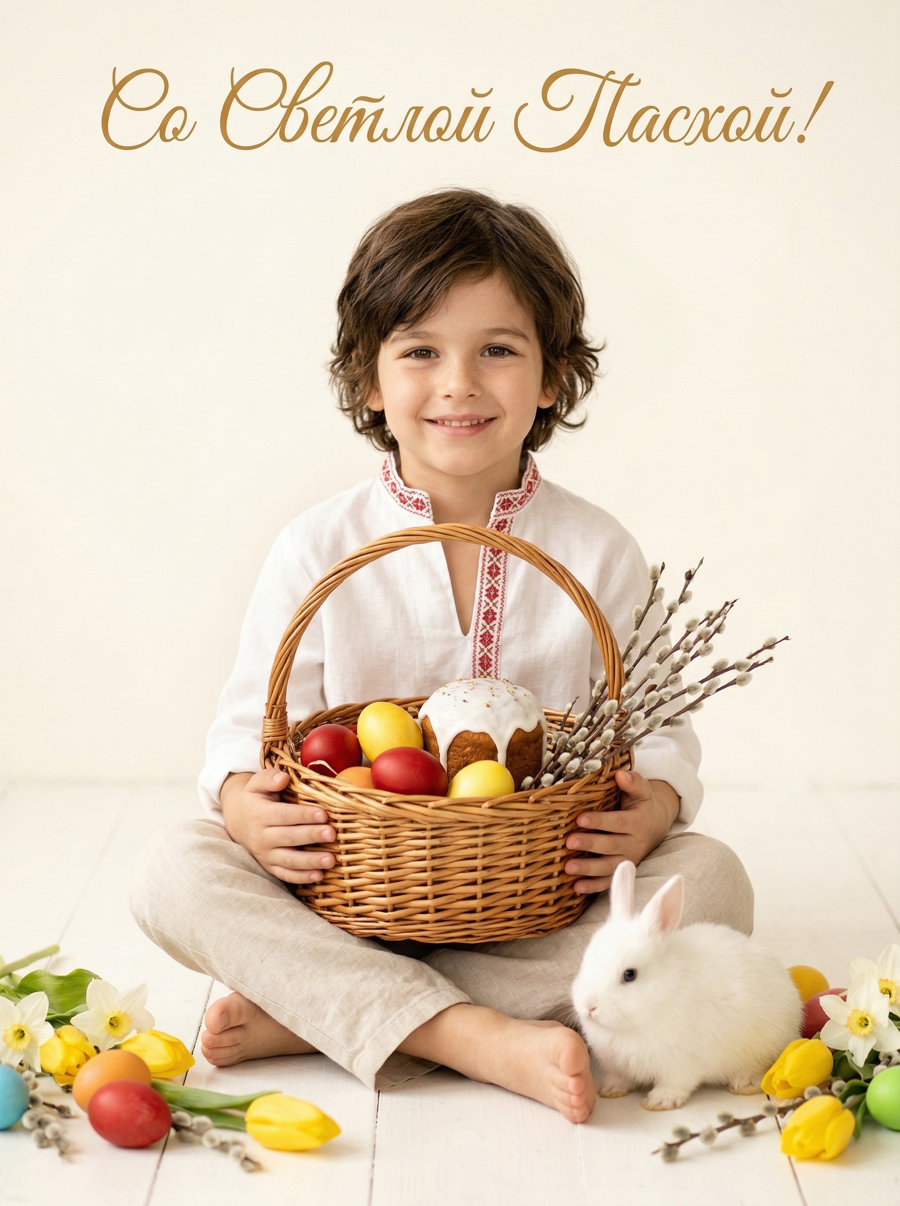 Открытка на Пасху — мальчик с пасхальной корзиной и кроликом