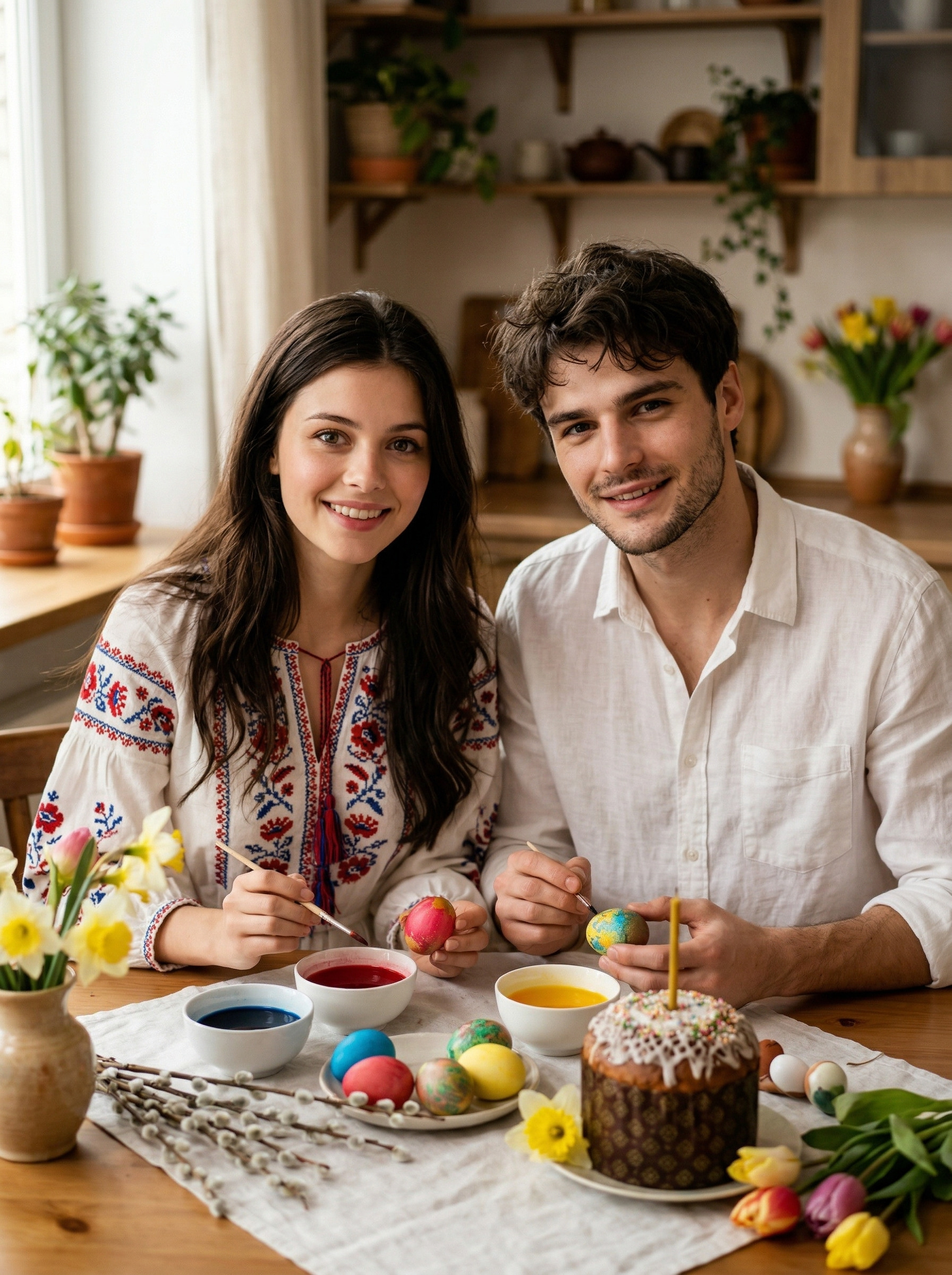 Пара красит яйца за праздничным столом