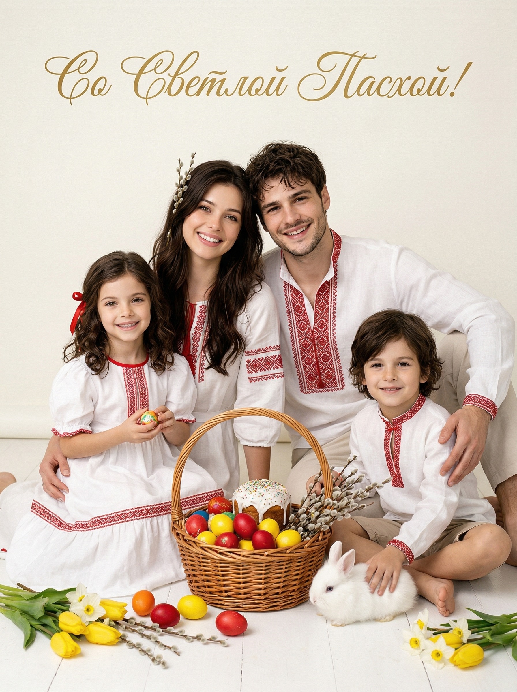 Открытка на Пасху — семья с пасхальной корзиной и цветами