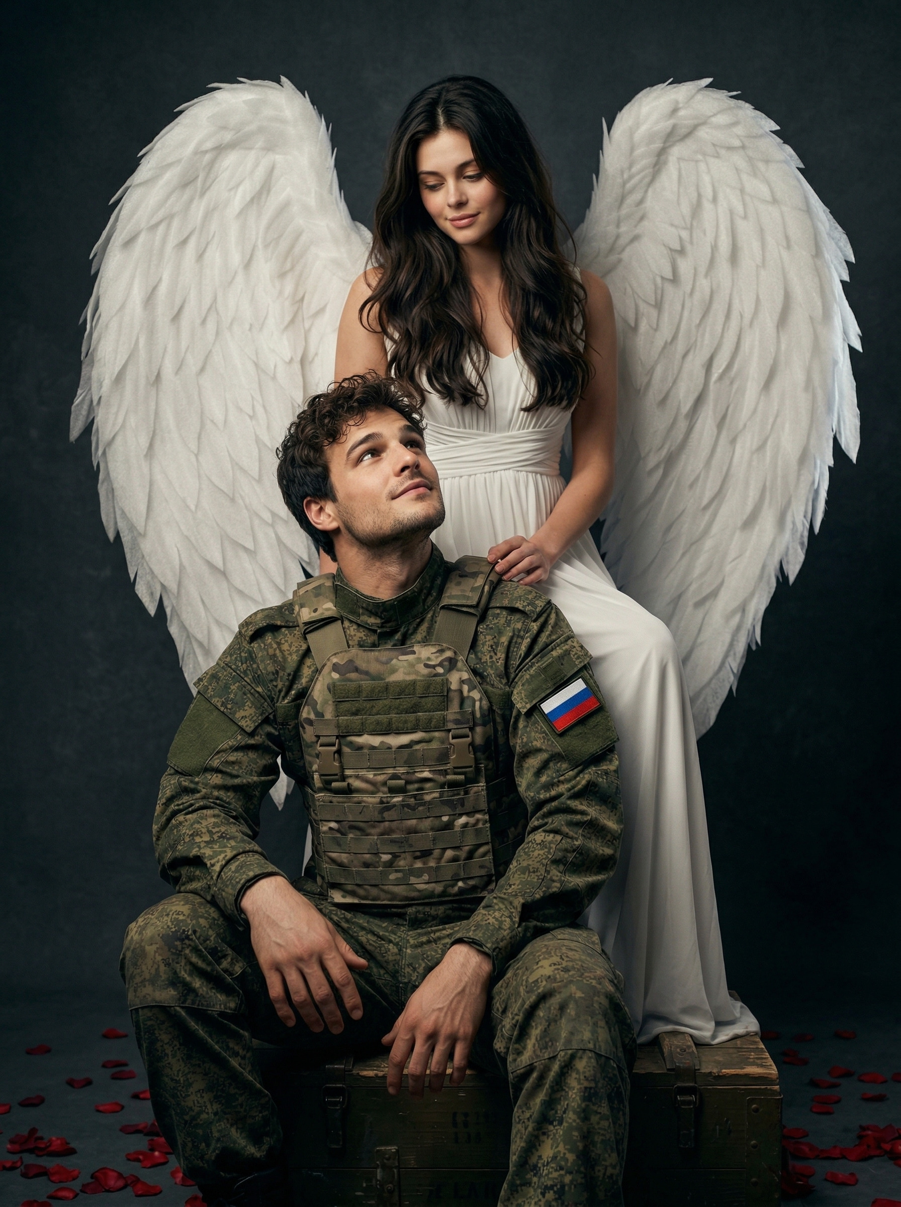 Солдат и ангел — студийный портрет на тёмном фоне