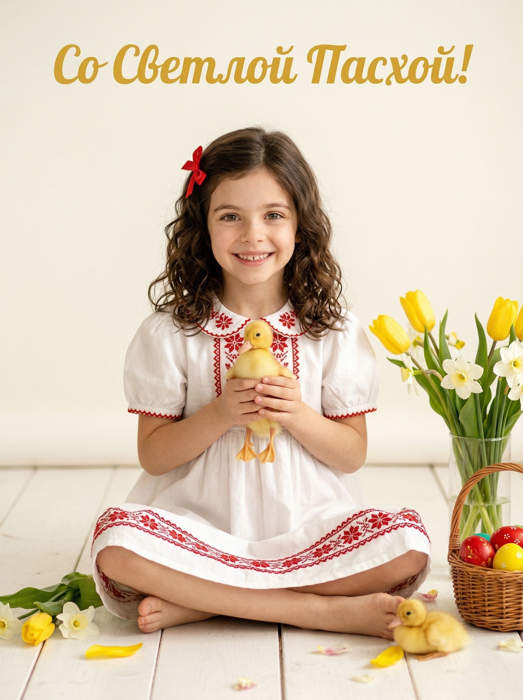 Открытка на Пасху — девочка с утятами и цветами