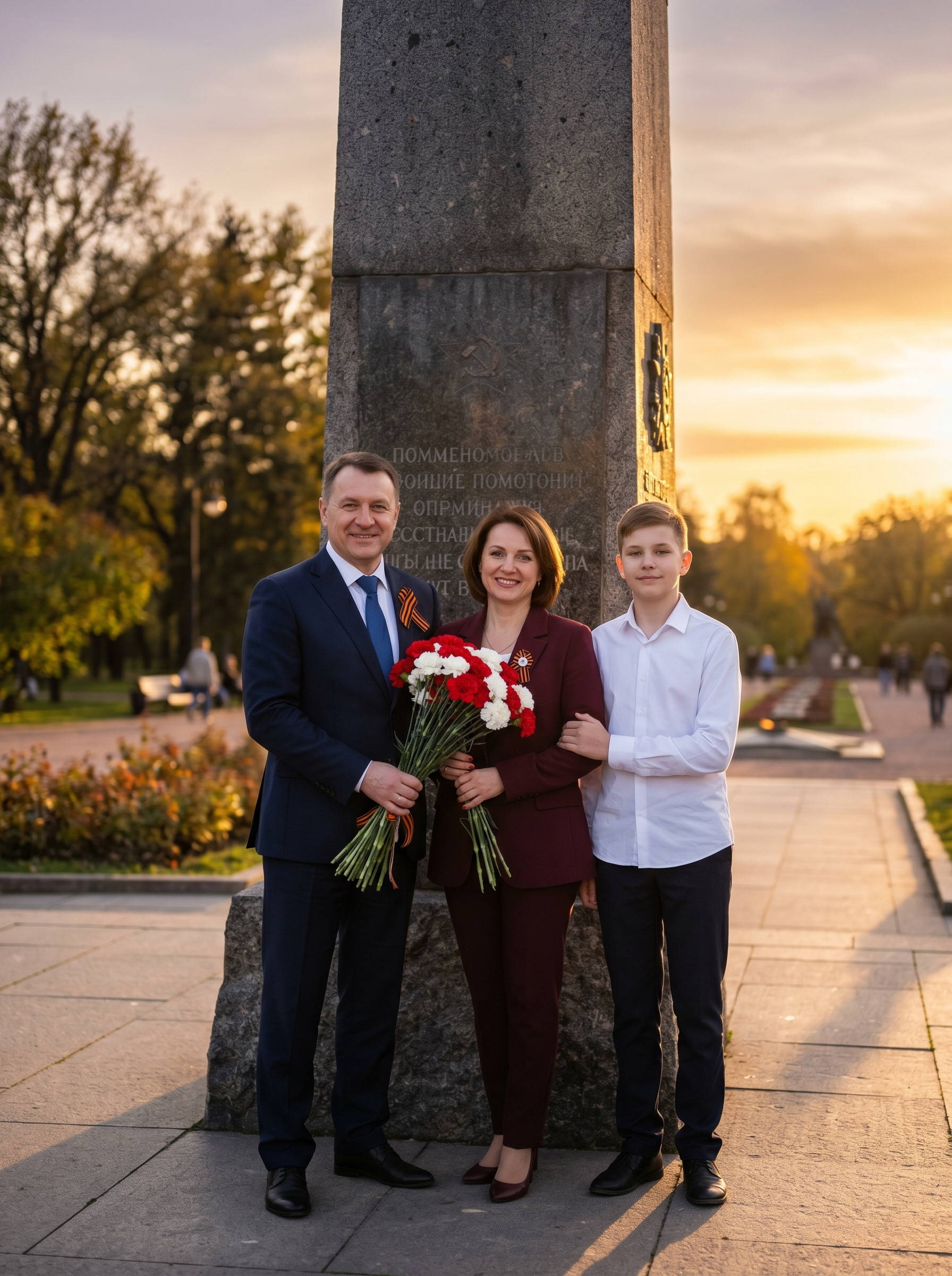 Семья у обелиска на закате с живыми цветами