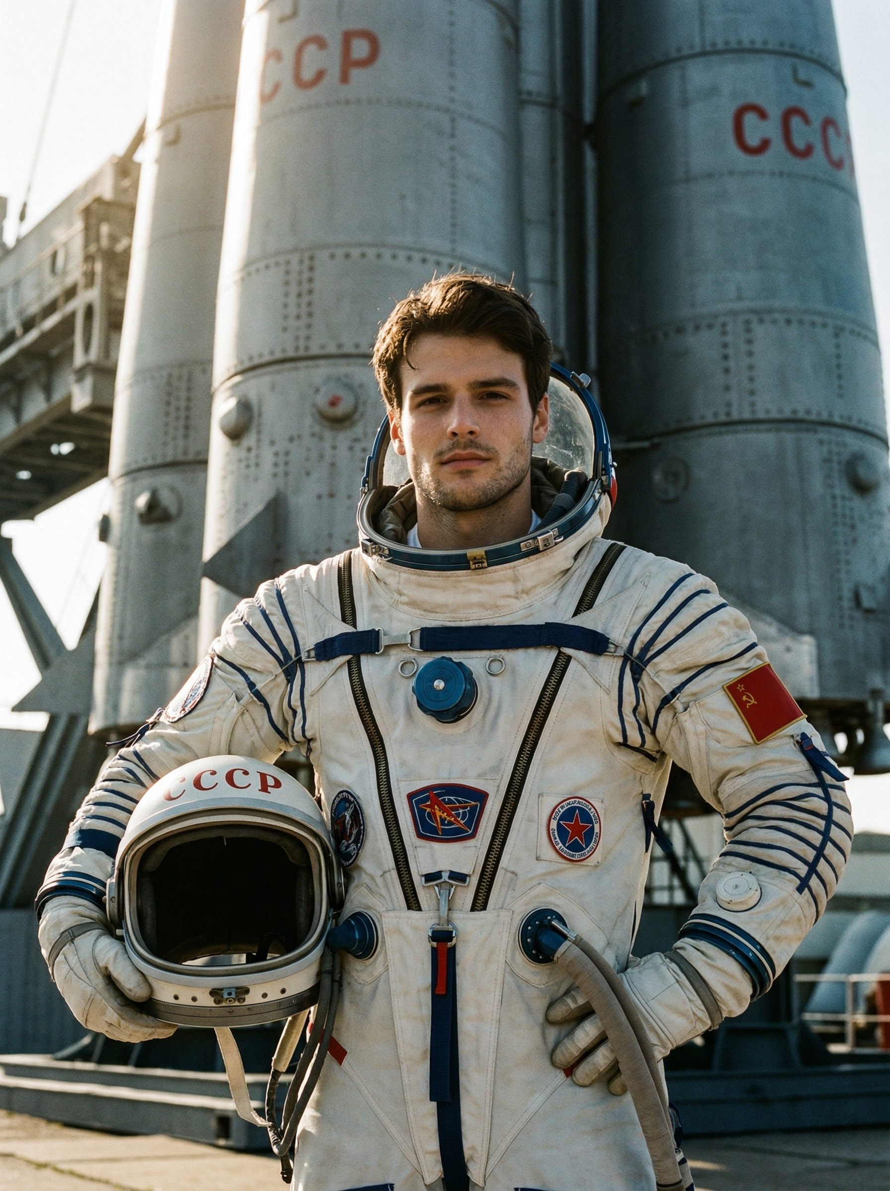 В скафандре на фоне ракеты