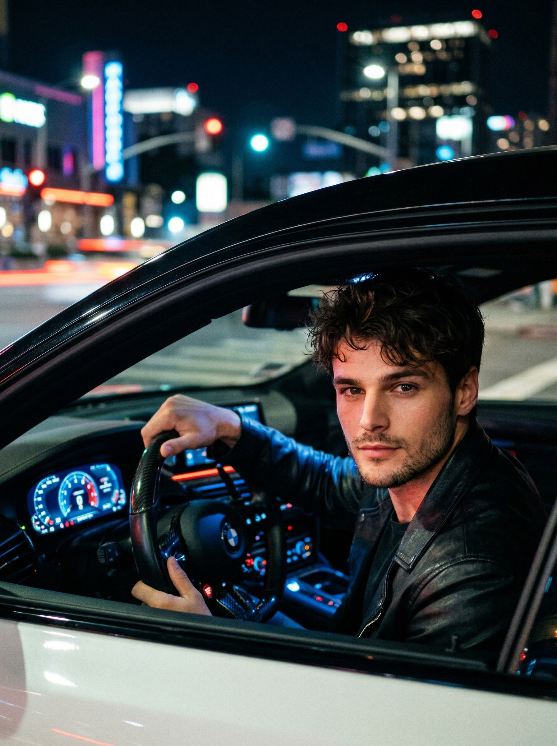 За рулём спорткара в ночном городе