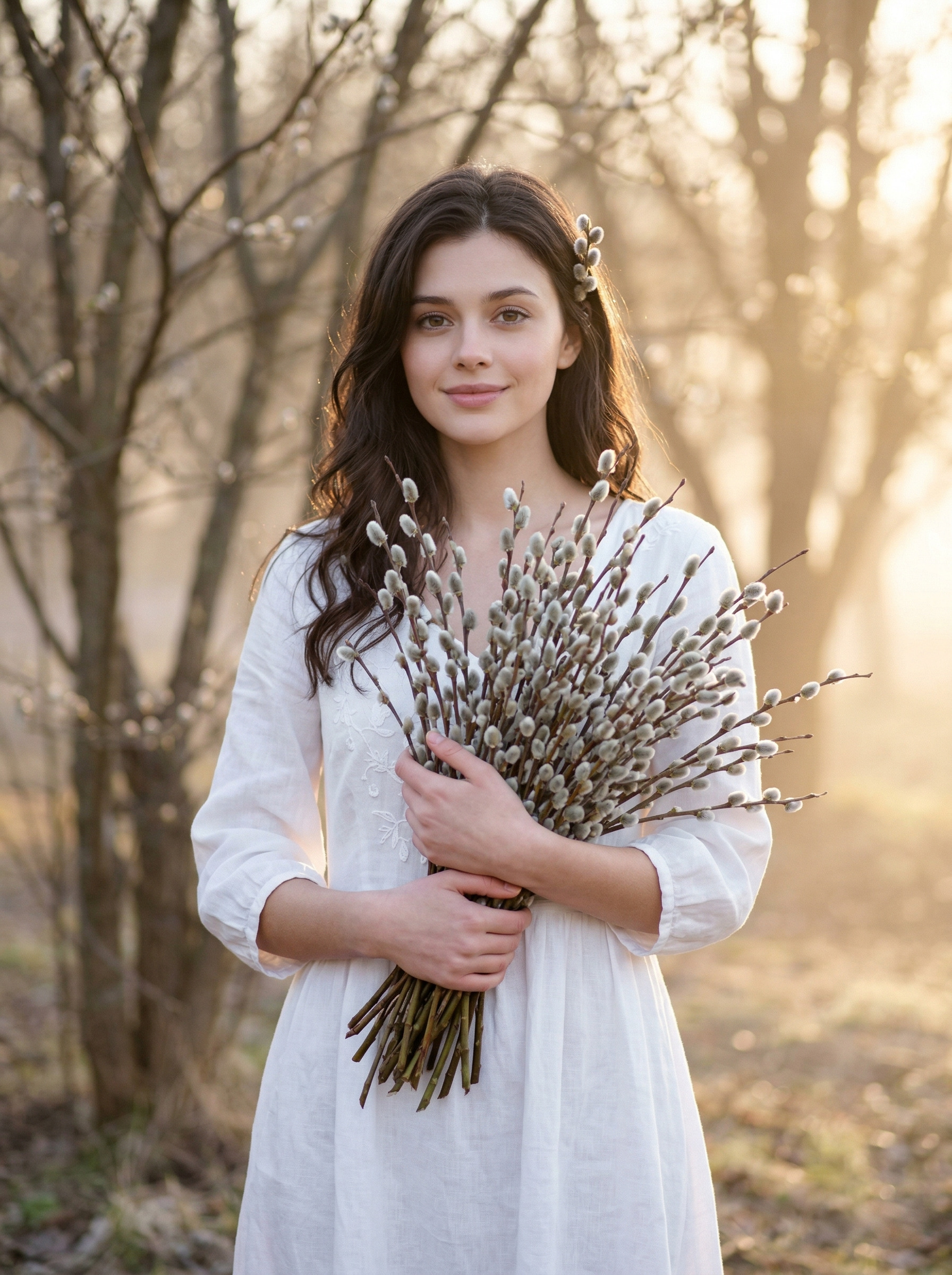 В весеннем парке с букетом вербы на рассвете