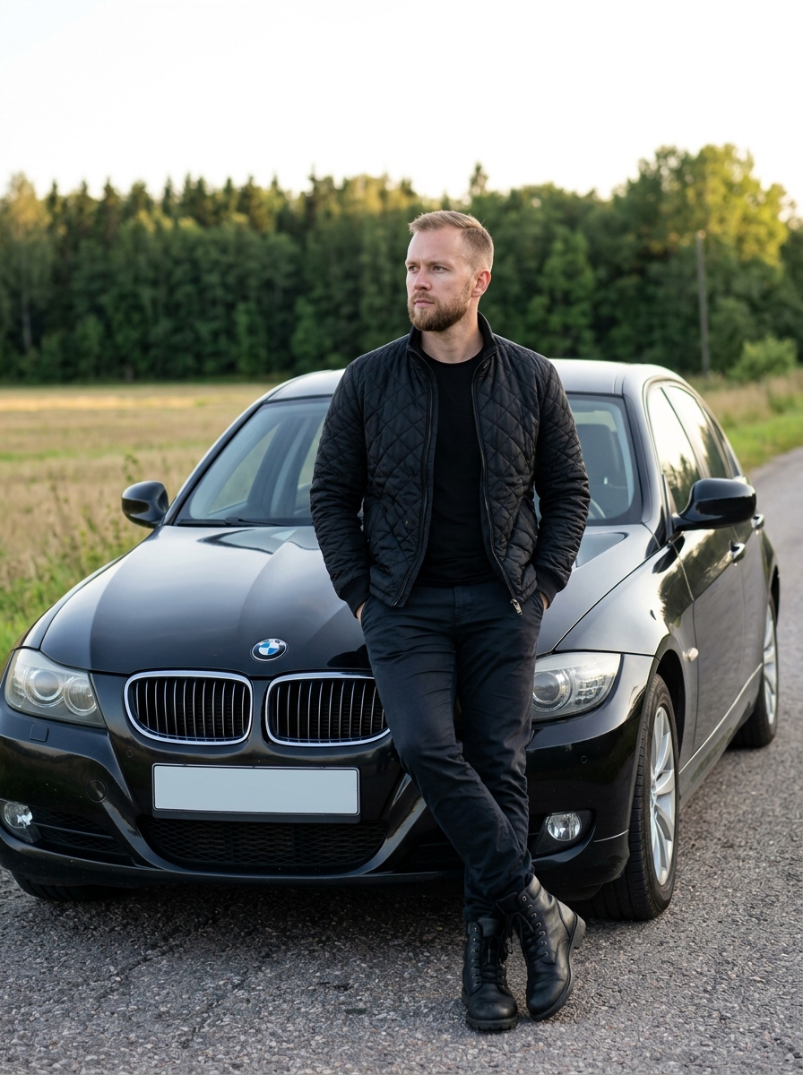 Чёрный BMW на загородной дороге